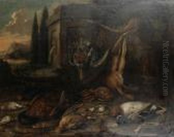 A Hare, Pheasant, Ducks And 
Other Game Birds Before A Fountain, With An Open Landscape Beyond Oil Painting by Jan Baptist Weenix