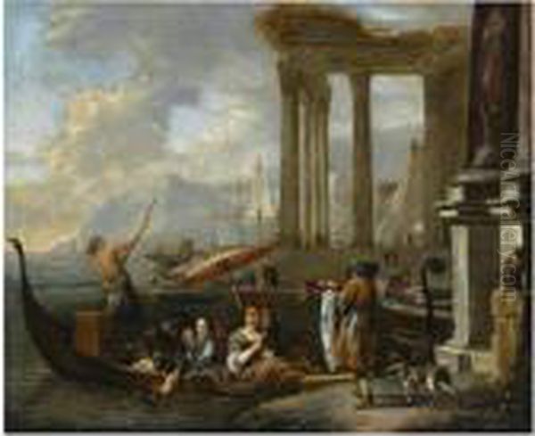 A Mediterranean Harbour Scene With An Elegant Lady Arriving In A Gondola Oil Painting by Jan Baptist Weenix