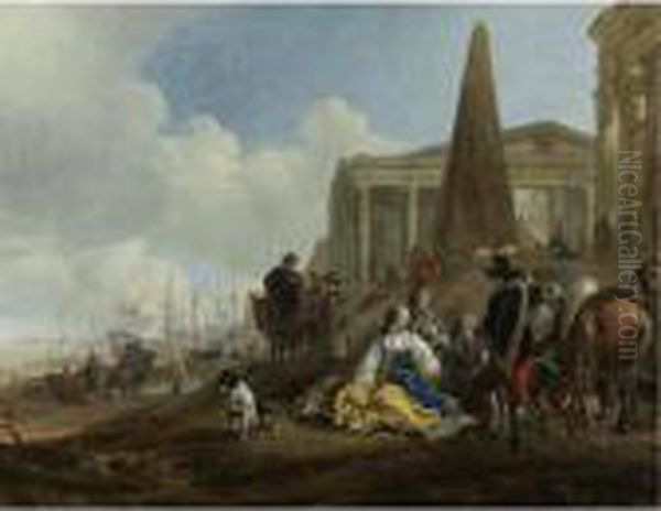 A Mediterranean Harbor Scene 
With Figures Resting In The Foreground And Antique Ruins Beyond Oil Painting by Jan Baptist Weenix