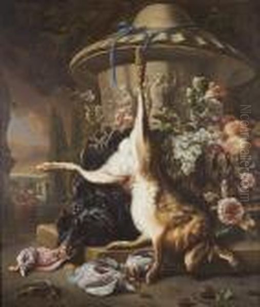 A Dead Hare With A Dead Turkey 
And Grouse Beside A Basket Of Grapes And Peaches Before A Stone Urn, A 
View To A Palace Garden Beyond Oil Painting by Jan Baptist Weenix