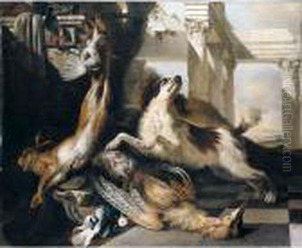 Still Life Of A Spaniel Guarding
 A Bittern, Partridge, Hare And A Pigeon, Together With Hunting 
Equipment, Arranged Within A Classical Setting Oil Painting by Jan Baptist Weenix