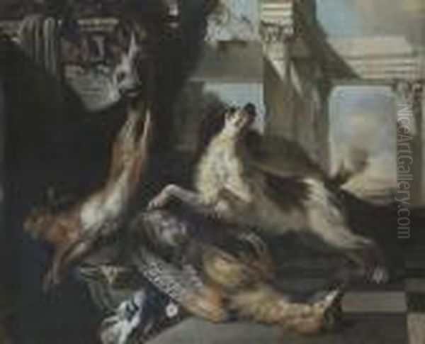 Uno Spaniel Presso Un Piccione, 
Un Fagiano, Una Lepre Ed Altra Cacciagione Con Rovine Classiche Di 
Ordine Composito Oil Painting by Jan Baptist Weenix
