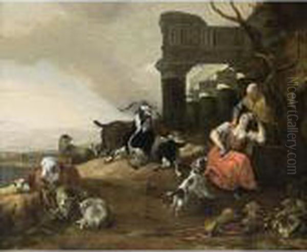 An Italianate Landscape With A 
Shepherd Couple Resting With Their Cattle And A Dog Near Roman Ruins Oil Painting by Jan Baptist Weenix