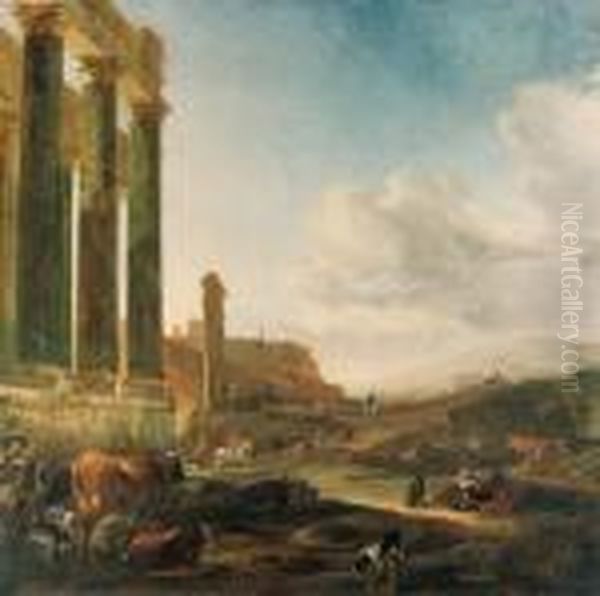 An Italianate Landscape With A 
Ruined Doric Colonnade, A Herdsmanwith Cattle And Sheep At Rest, 
Horsemen And Figures Beyond Oil Painting by Jan Baptist Weenix