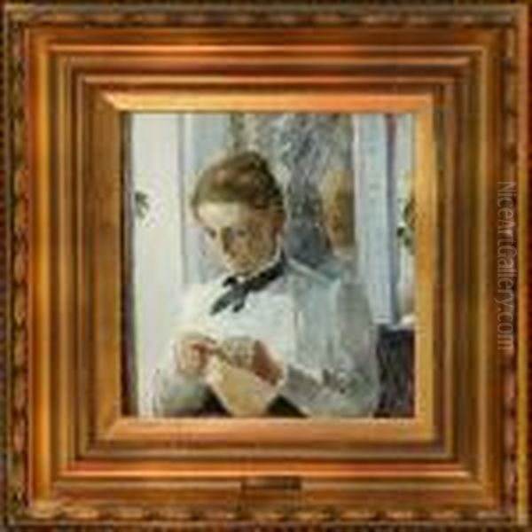 Woman With Herneedlework Oil Painting by Bertha Wegmann