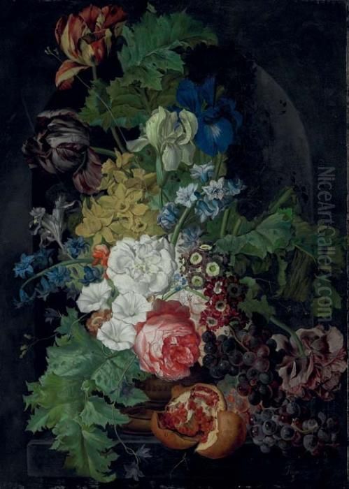 Tulips, Irises, Morning Glories 
And Other Flowers In An Urn, With Grapes And A Pomegranate, In A Stone 
Niche Oil Painting by Sebastian Wegmayr