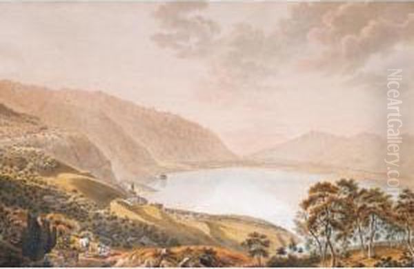 Vue Du Leman Depuis Les Hautes De Montreux, 1804 
View Of Lake Of Geneva From The Top Of Montreux, 1804 Oil Painting by Jakob Samuel Weibel