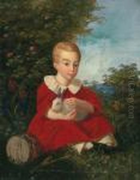 Portrait Of A Boy Holding A Miniature Rabbit In His Arms Oil Painting by Josef Weidner