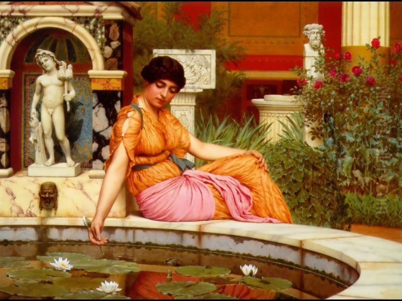 A Lily Pond Oil Painting by John William Godward