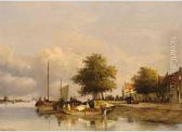 Townsfolk On A Quay In Wijk Bij Duurstede Oil Painting by Jan Weissenbruch
