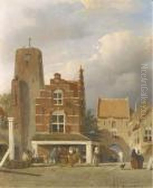 De Markt Te Woudrichem Met De Hoftoren Oil Painting by Jan Weissenbruch