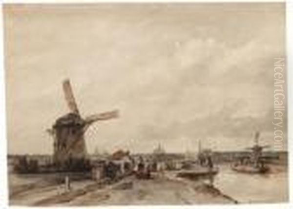 A Summer's Day With Elegant 
Figures Strolling Along The Trekvliet,the Hague In The Distance Oil Painting by Jan Weissenbruch