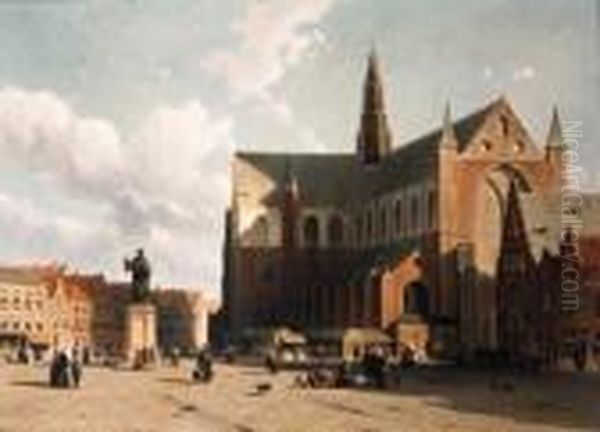 View Of The Grote Markt, 
Haarlem, With Numerous Townsfolk Strollingalong The Statue Of Laurens 
Jansz. Coster In Front Of The St.bavo Oil Painting by Jan Weissenbruch