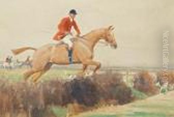 Chestnut Hunter Taking A Ditch Oil Painting by John Sanderson Wells
