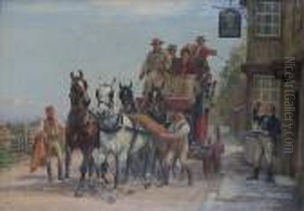 Stage Coach Passing The Crown Inn Oil Painting by John Sanderson Wells