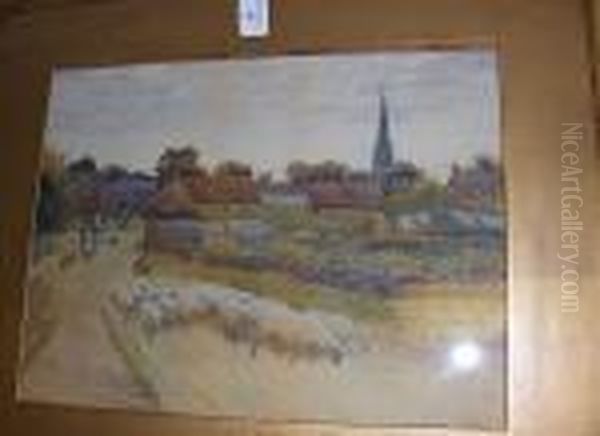 Kings Sutton, With Shepherd And Sheep To The Foreground Oil Painting by John Sanderson Wells