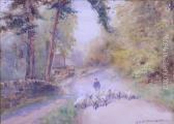 S. Sanderson-wells, Drover With Sheep Ona Farm Lane Oil Painting by John Sanderson Wells