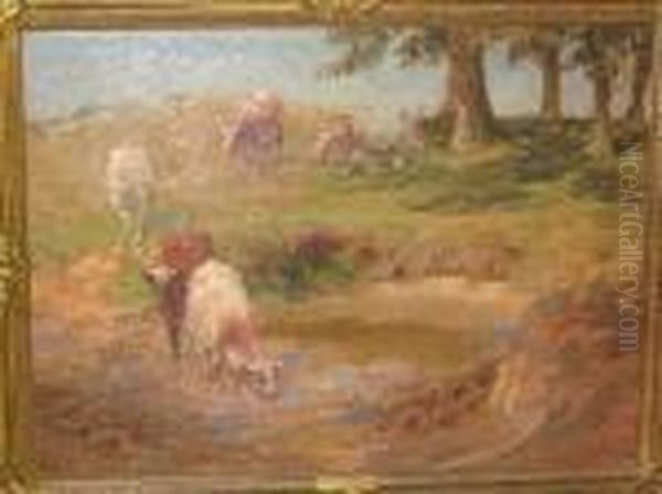Cattle Watering In A Meadow Oil Painting by John Sanderson Wells