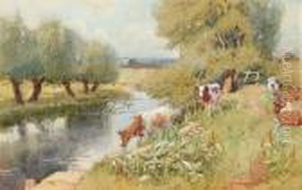 Cattle Watering By A Stream Oil Painting by John Sanderson Wells