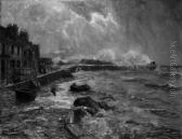 Sturm An Der Kuste. Signiert 
Unten Links: Albert Wenk Munchen. Ol Auf Leinwand. H 130; B 160 Cm. Oil Painting by Albert Wenk