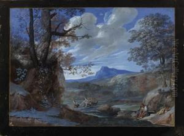 An Extensive Rocky Landscape 
With Martha Overcoming The Dragon,lazarus Washing His Feet In A Stream 
In The Foreground Oil Painting by Joseph Werner