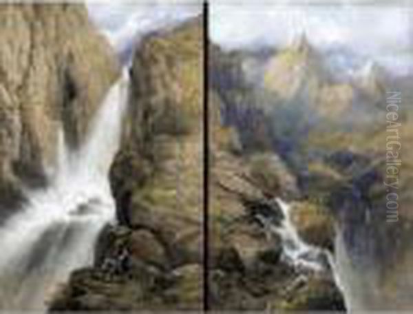 Figures Beside A Waterfall Oil Painting by Edgar E. West