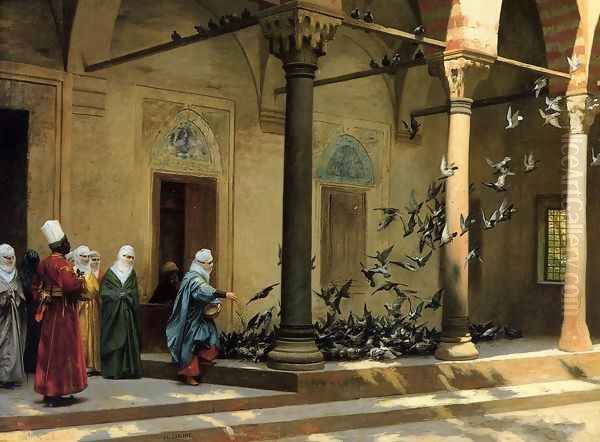Harem Women Feeding Pigeons in a Courtyard Oil Painting by Jean-Leon Gerome