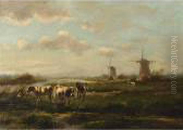 Cows Grazing In A Meadow Oil Painting by Cornelis I Westerbeek