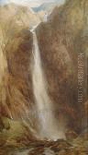 Aber Waterfall - ``never-ending,
 But Always Descending, And This Way The Wales Come Down`` Oil Painting by Henry Clarence Whaite