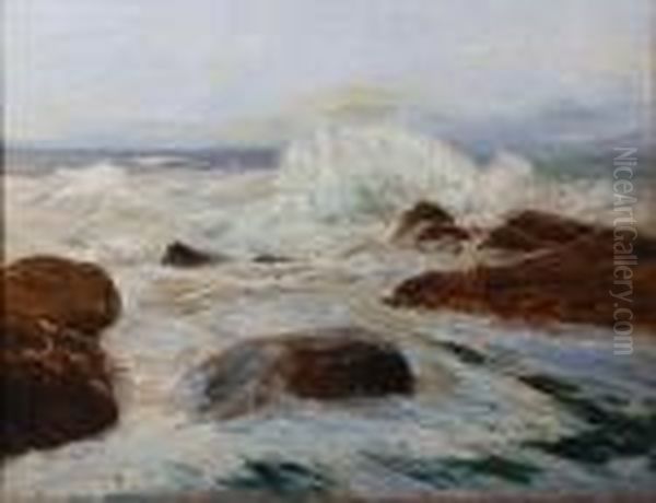 Waves Breaking Upon A Rocky Shore Oil Painting by John Laviers Wheatley