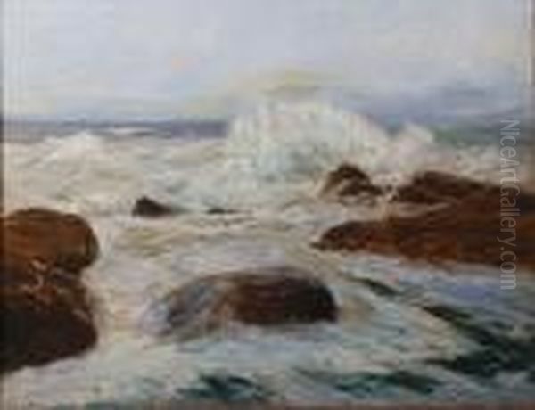 Waves Breaking Upon A Rocky Shore, On Canvas,signed J.w. Lower Left Oil Painting by John Laviers Wheatley