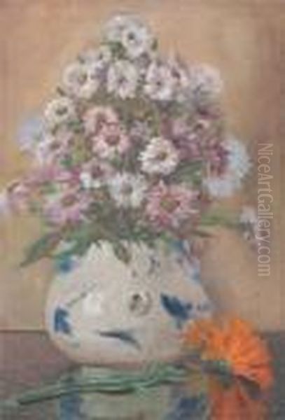 Still Life Of Asters In A Glass 
Vase; Still Life Of Daisies In A Blue And White Porcelain Vase Oil Painting by John Laviers Wheatley