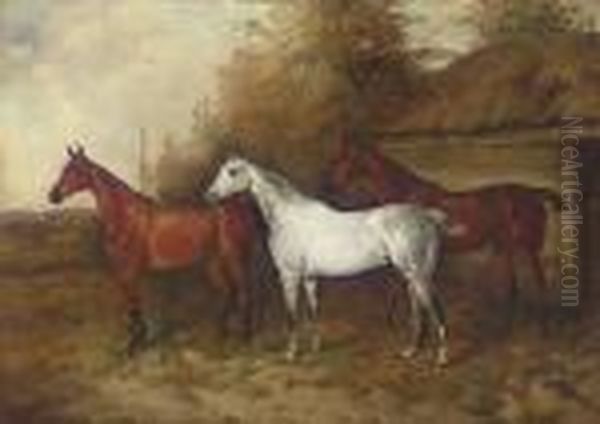 Three Hunters Outside A Stall Oil Painting by John Alfred Wheeler