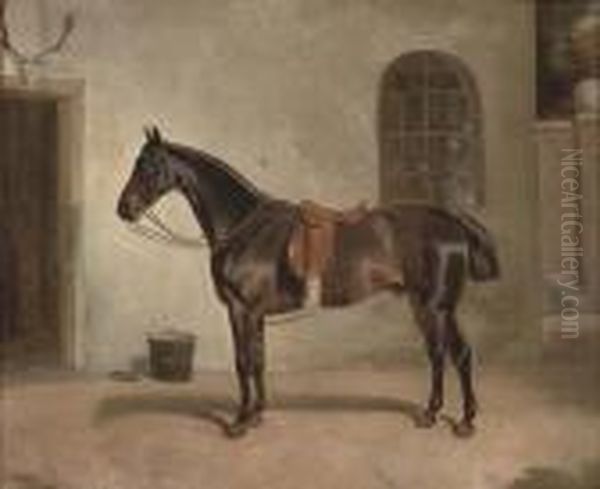 A Saddled Chestnut Hunter Outside The Stables Oil Painting by John Alfred Wheeler