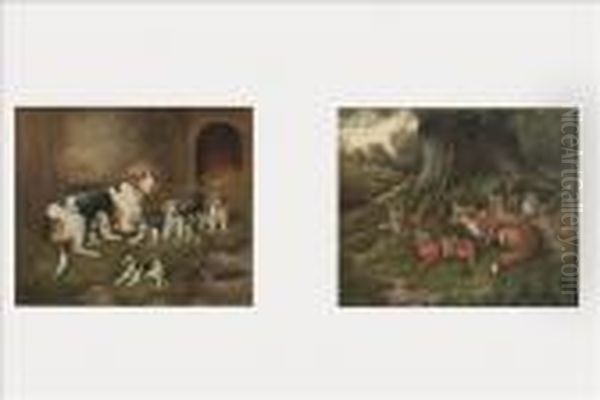 Hound And Pups & Fox And Cubs Oil Painting by John Alfred Wheeler