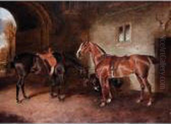 Two Horses In Stable Oil Painting by John Alfred Wheeler
