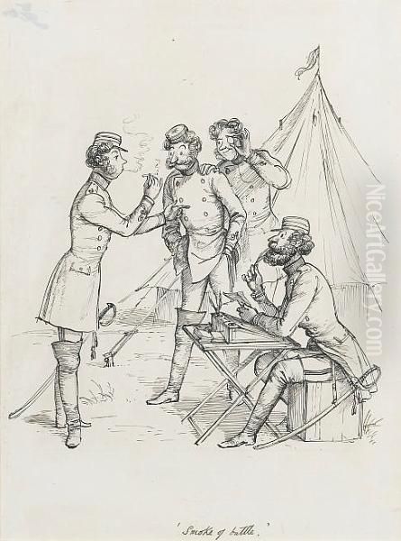 Early Victorian Dandies Taking 
Snuff;selecting Cigars; Pleasant Journey; Smoke Of The Battle; 
Victoriansmoking Concert; Vicars By A Fireside Oil Painting by Rex John Whistler