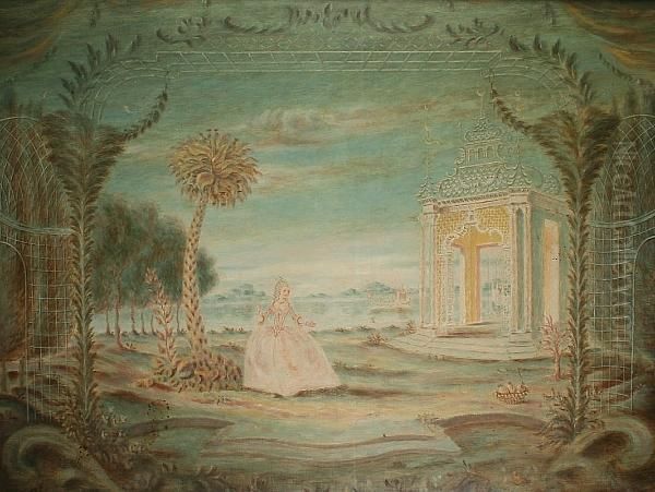 Exotic Garden Landscape, With 
Lady In Elegant 18th Century Style Costume Stood Before A Gazebo And 
Palm Tree, With Lake And Hills Visible Beyond Oil Painting by Rex John Whistler