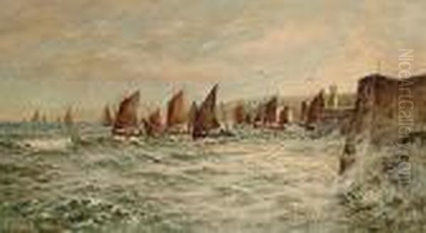 St Ives Fishing Fleet Off The Coast Oil Painting by Arthur White