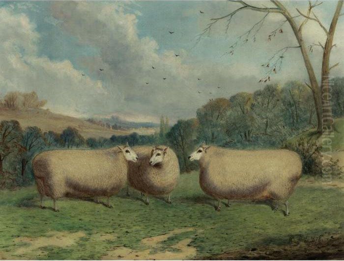 Mr. Henry J. Hopkin's Prize 
Sheep, Winners Of The 1st & 2nd Prizes At Brockley, Smithfield Club,
 Bedford, Market Harborough, 1876 & 1877 Oil Painting by Richard Whitford