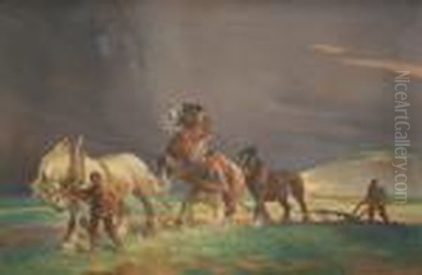 Plough Team On A Hill Oil Painting by Ernest Herbert Whydale