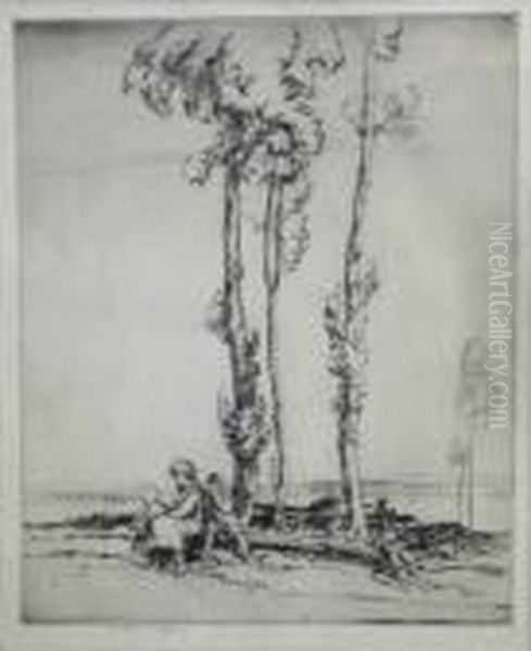 Figures Seated Beneath Trees. Oil Painting by Ernest Herbert Whydale