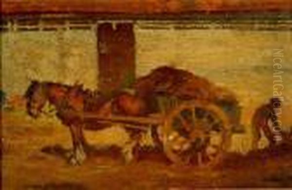A Figure Loading A Horsedrawn Cart With Hay Oil Painting by Ernest Herbert Whydale