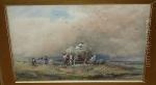 Gathering The Hay, Signed And 
Dated 'j.w. Whymper 1877', Watercolour Heightened With White And 
Bodycolour Oil Painting by Josiah Wood Whymper