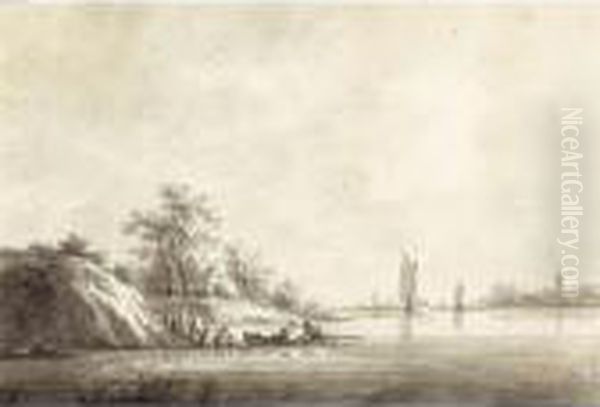 A View Of Diest On The River 
Maas, With Figures In A Rowing Boat And A Church In The Distance Oil Painting by Nicolaes Wicart