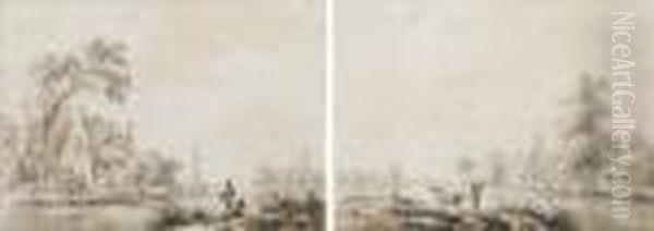 An Extensive River Landscape 
With Fishermen. A River Landscape With A Herdsman And Cow, A Church Seen
 Across A Stream Beyond Oil Painting by Nicolaes Wicart