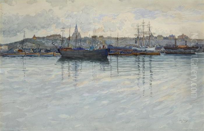 Harbor Scene Oil Painting by Gunnar Mauritz Widforss