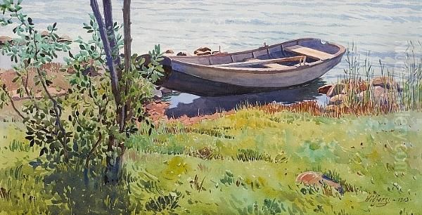 A Boat Along The Riverside Oil Painting by Gunnar Mauritz Widforss
