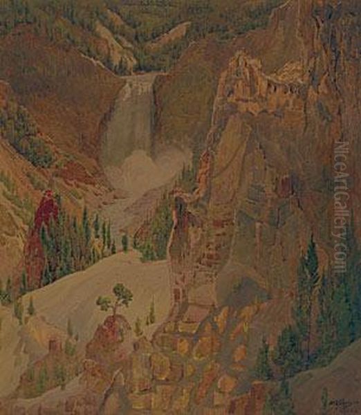 Yellowstone Waterfall Oil Painting by Gunnar Mauritz Widforss