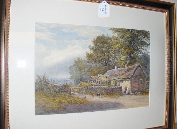 Mother And Child By A Thatched 
Cottage;shepherd With Sheep On A Lane, Signed, A Pair Of Watercolours Oil Painting by William Wilde